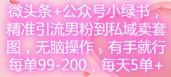 微头条+公众号小绿书，精准引流男粉到私域卖套图，无脑操作，有手就行，每单99-200，每天5单-孔明聊项目