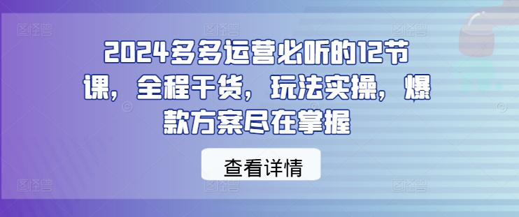 2024多多运营必听的12节课，全程干货，玩法实操，爆款方案尽在掌握-孔明聊项目