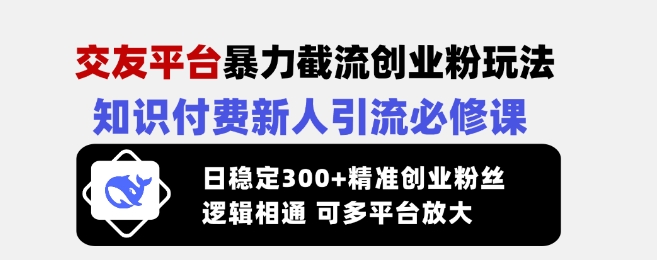 交友平台暴力截流创业粉玩法，知识付费新人引流必修课，日稳定300+精准创业粉丝，逻辑相通可多平台放大-孔明聊项目