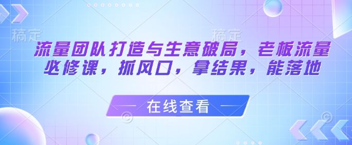 流量团队打造与生意破局，老板流量必修课，抓风口，拿结果，能落地-孔明聊项目