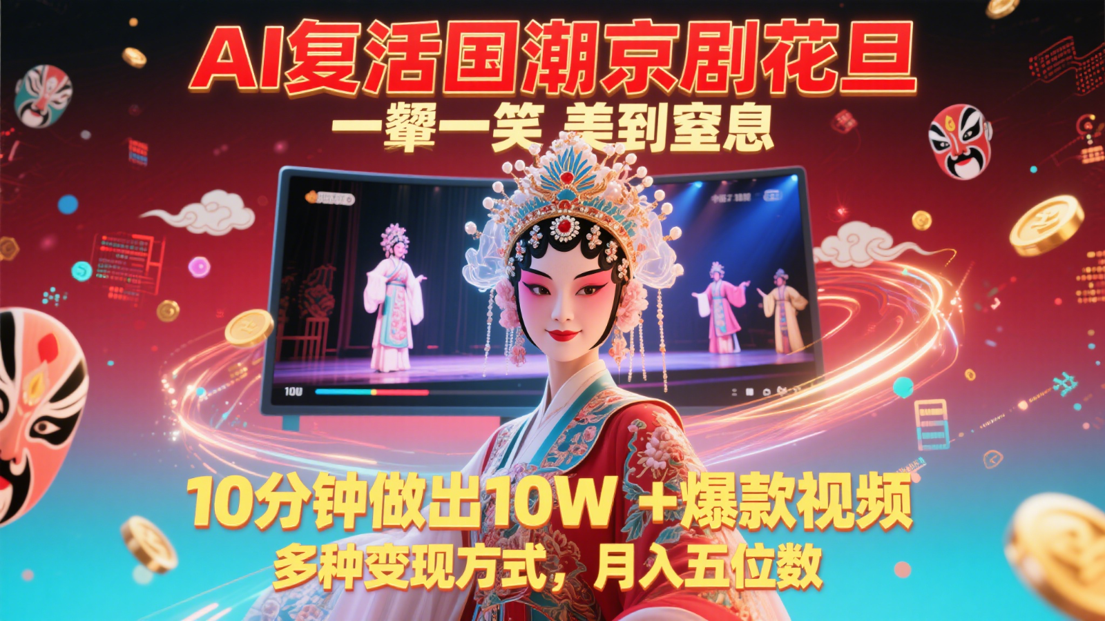 AI复活国潮京剧花旦，一颦一笑美到窒息，10分钟做出10W+爆款视频，多种变现方式-孔明聊项目