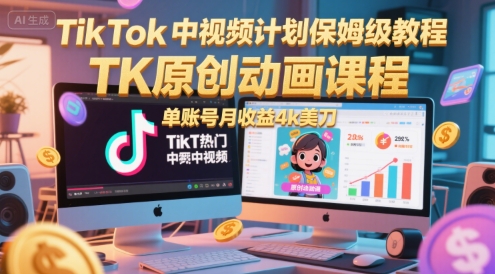 TikTok中视频计划保姆级教程,TK原创动画课程,单账号月收益4k美刀-孔明聊项目