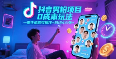 抖音男粉项目0成本玩法，一部手机即可操作，日均4张+，时间自由-孔明聊项目