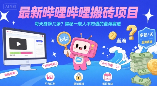 最新哔哩哔哩上B站搬砖项目，每天能挣几张？揭秘一般人不知道的蓝海赛道-孔明聊项目