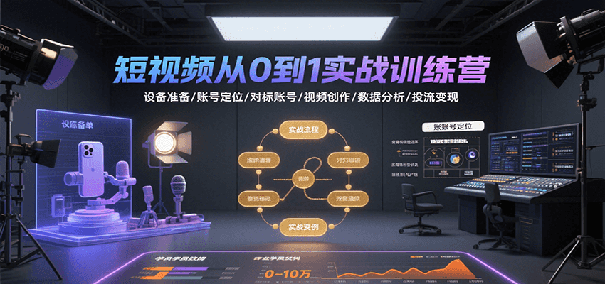 短视频从0到1实战训练营：设备准备/账号定位/对标账号/视频创作/数据分析/投流变现-孔明聊项目