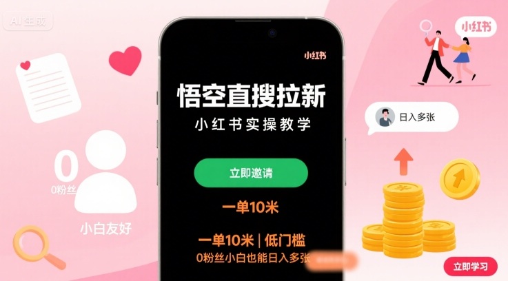 悟空直搜拉新小红书实操教学，一单10米，低门槛，0粉丝小白也能日入多张-孔明聊项目
