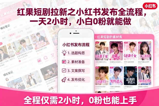 红果短剧拉新之小红书发布全流程,一天2小时,小白0粉就能做-孔明聊项目