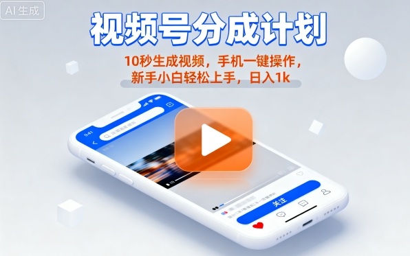 视频号分成计划懒人玩法，10秒生成视频，手机一键操作，新手小白轻松上手，日入1K【揭秘】-孔明聊项目