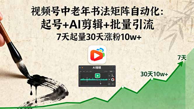 视频号中老年书法矩阵自动化：起号+AI剪辑+批量引流 7天起量30天涨粉10w+-孔明聊项目