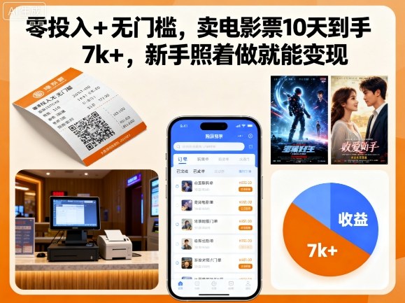 零投入+无门槛，卖电影票10天到手7k+，新手照着做就能变现【揭秘】-孔明聊项目