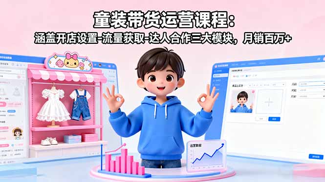 童装带货运营课程：涵盖开店设置-流量获取-达人合作三大模块，月销百万+-孔明聊项目