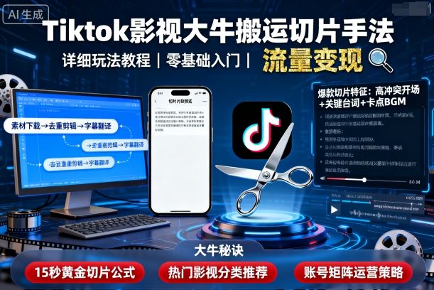 Tiktok影视大牛搬运切片手法，详细玩法教程-孔明聊项目