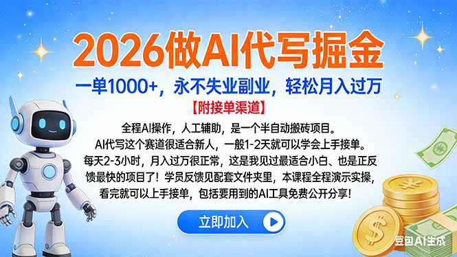 2026做AI代写掘金，一单1000+，永不失业副业，轻松月入过万-孔明聊项目