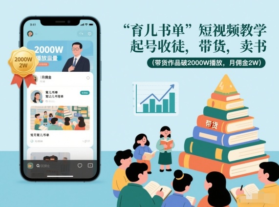 育儿书单短视频教学，起号收徒，带货，卖书(带货作品破2000W播放，月佣金2W)-孔明聊项目