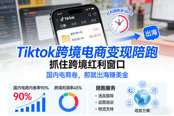 Tiktok跨境电商变现陪跑，抓住跨境红利窗口，国内电商卷，那就出海賺美金-孔明聊项目