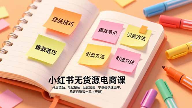 小红书无货源电商课，开店选品、笔记搬运、运营变现，零基础快速出单，稳定日销数十单(更新-孔明聊项目