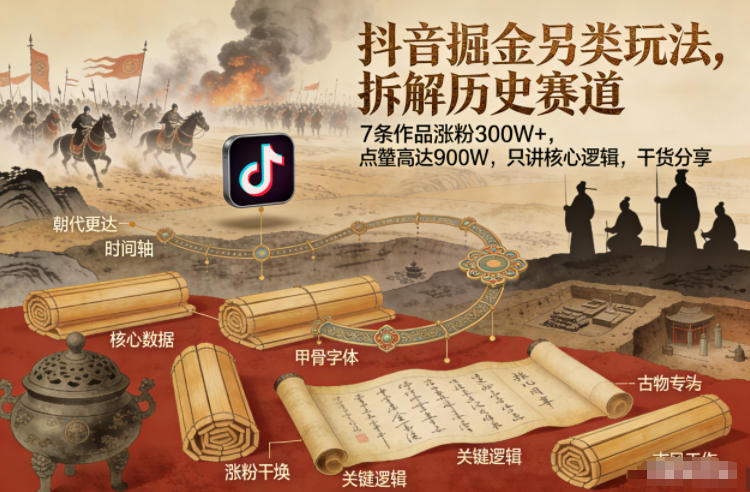 抖音掘金另类玩法，拆解历史赛道，7条作品涨粉300W+，点赞量高达900W，只讲核心逻辑，干货分享-孔明聊项目