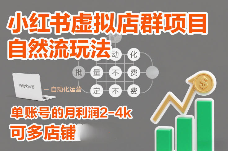 小红书虚拟店群项目，自然流玩法，批量自动化，稳定不费号，单账号的月利润2-4k，可多店矩阵-孔明聊项目