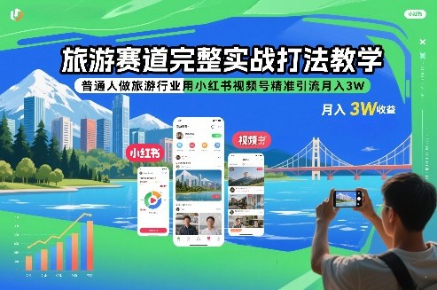 旅游赛道完整实战打法教学，普通人做旅游行业用小红书视频号精准引流月入3W-孔明聊项目