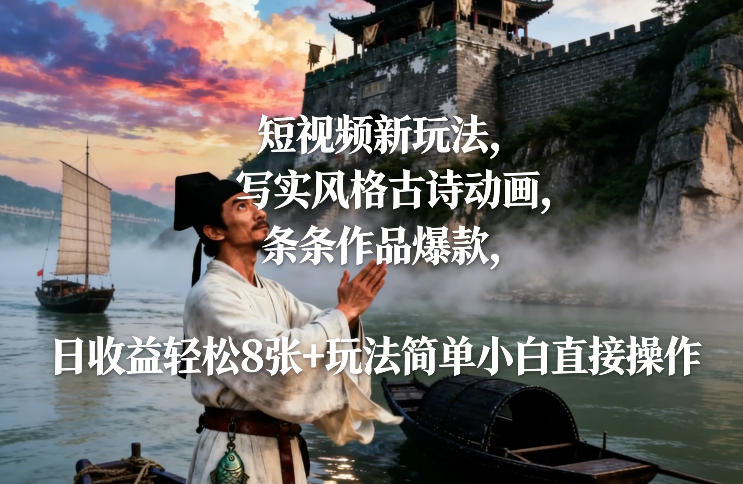 短视频新玩法，写实风格古诗动画，条条作品爆款，日收益轻松8张+玩法简单小白直接操作-孔明聊项目