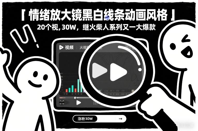 情绪放大镜黑白线条动画风格，20个视频，涨粉30W，继火柴人系列又一大爆款-孔明聊项目