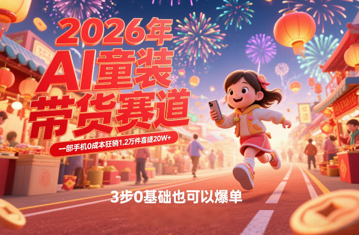 AI童装新春带货赛道，一部手机0成本狂销1.2万件喜提20W+，3步0基础也可以爆单-孔明聊项目