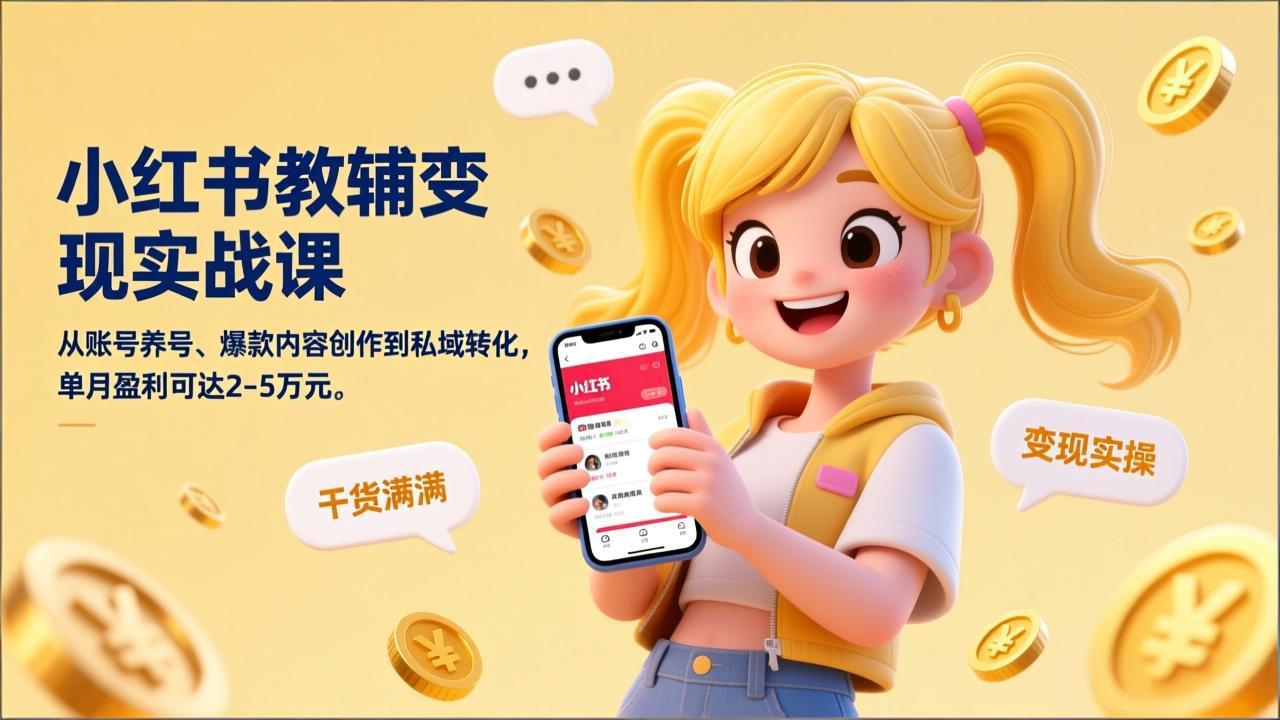 小红书教辅变现实战课，从账号养号、爆款内容创作到私域转化，单月盈利可达2-5万元-孔明聊项目