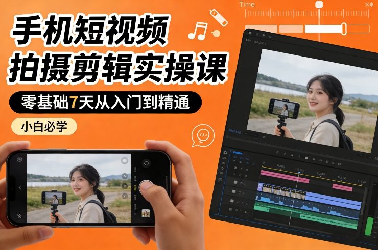 手机短视频拍摄剪辑实操课，零基础7天从入门到精通，小白必学-孔明聊项目