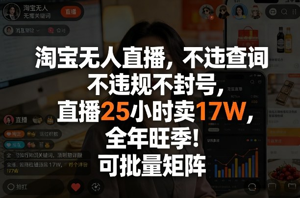 淘宝无人直播，不违规不封号，直播25小时卖17W，全年旺季！可批量矩阵【揭秘】-孔明聊项目