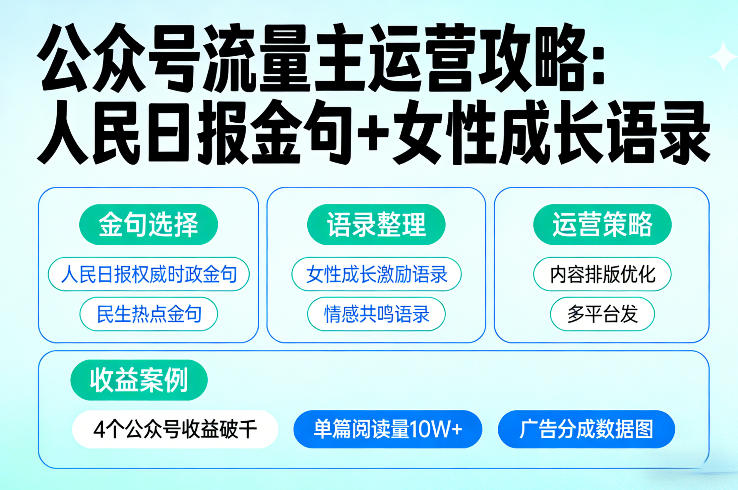 利用人民日报金句+女性成长语录做公众号流量主，4个公众号收益破千-孔明聊项目
