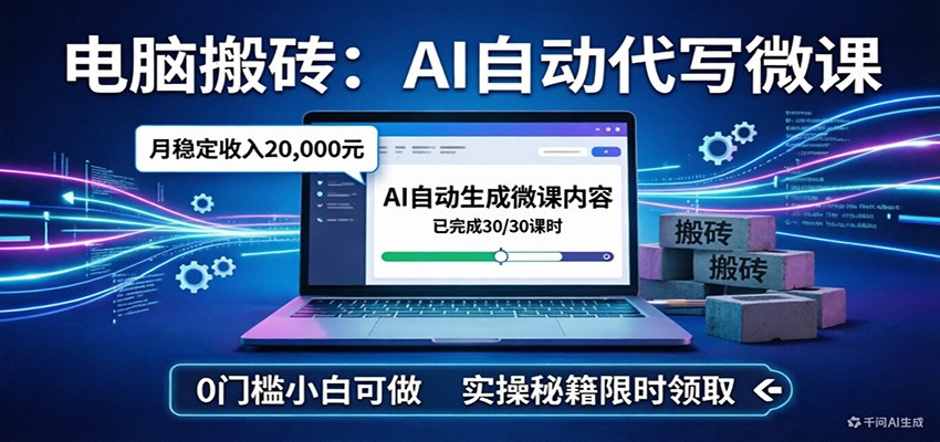 电脑搬砖AI自动代写微课，月稳定2W，0门槛小白可做，实操秘籍-孔明聊项目