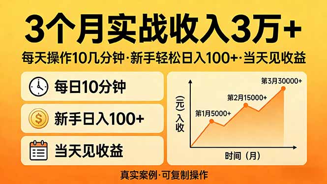 3个月实战收入3万+，每天操作10几分钟，新手轻松日入100+，当天见收益-孔明聊项目