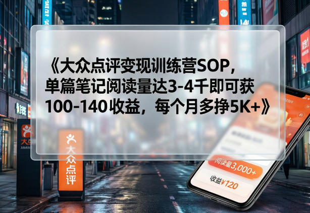 大众点评变现训练营SOP，单篇笔记阅读量达3-4千即可获100-140收益，每个月多挣5K+-孔明聊项目