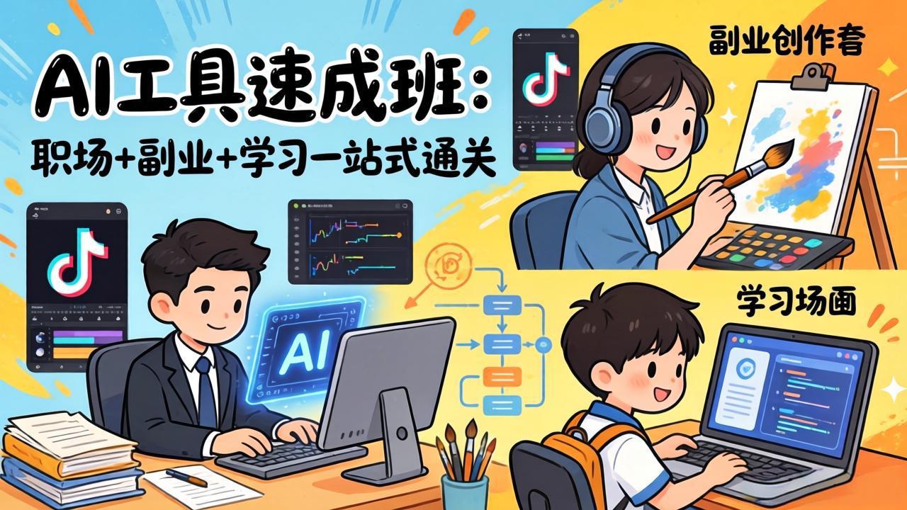 AI工具速成班：职场+副业+学习一站式通关，20+爆款类型+剪映技巧+抖音算法，0基础快速上手-孔明聊项目