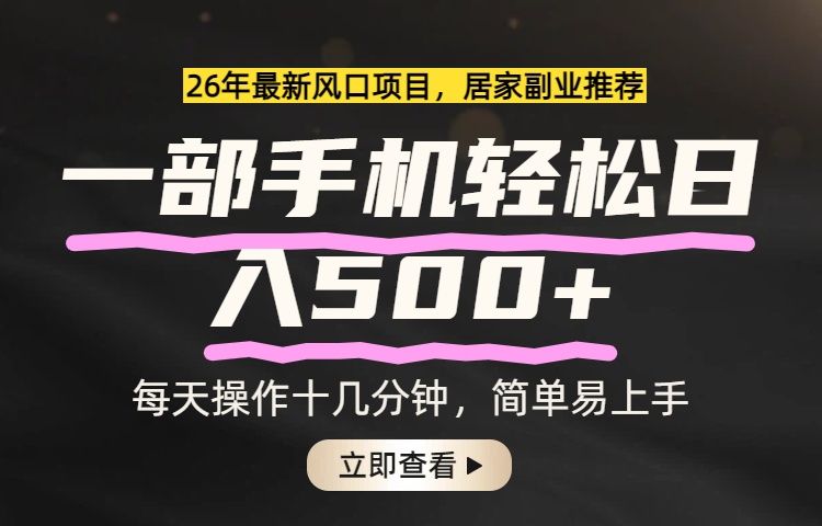26年居家副业首选，一部手机轻松日入500+，长期稳定可做-孔明聊项目