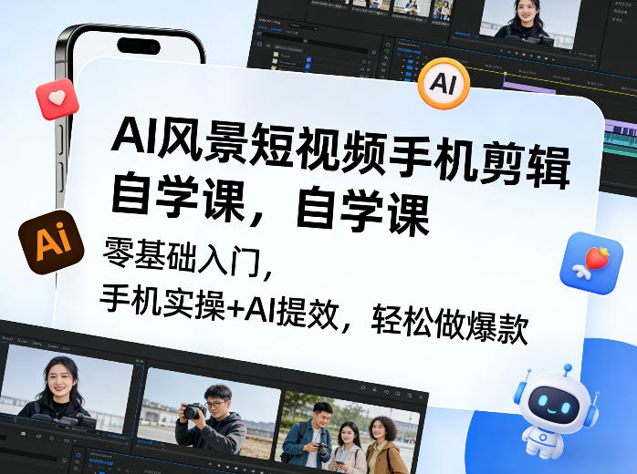 AI风景短视频手机剪辑自学课，零基础入门，手机实操+AI提效，轻松做爆款-孔明聊项目