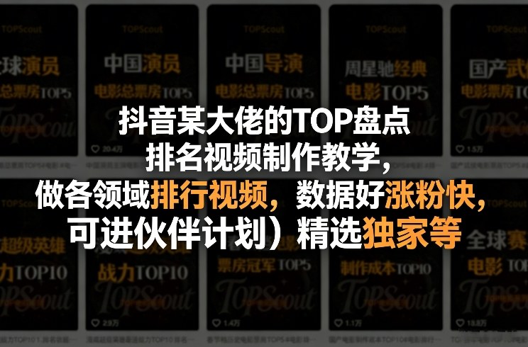 抖音某大佬的TOP盘点排名视频制作，做各领域排行视频，数据好涨粉快，可进伙伴计划＋精选独家等-孔明聊项目