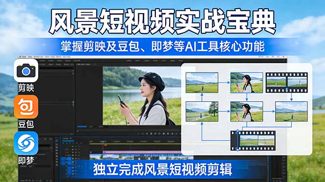 风景短视频实战宝典：掌握剪映及豆包、即梦等AI工具的核心功能，独立完成风景短视频剪辑-孔明聊项目