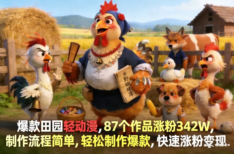 爆款田园轻动漫，87个作品涨粉342W，制作流程简单，轻松制作爆款，快速涨粉变现-孔明聊项目