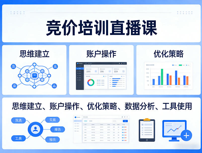 竞价培训直播课，覆盖思维建立、账户操作、优化策略、数据分析、工具使用等，全方位提升效果-孔明聊项目