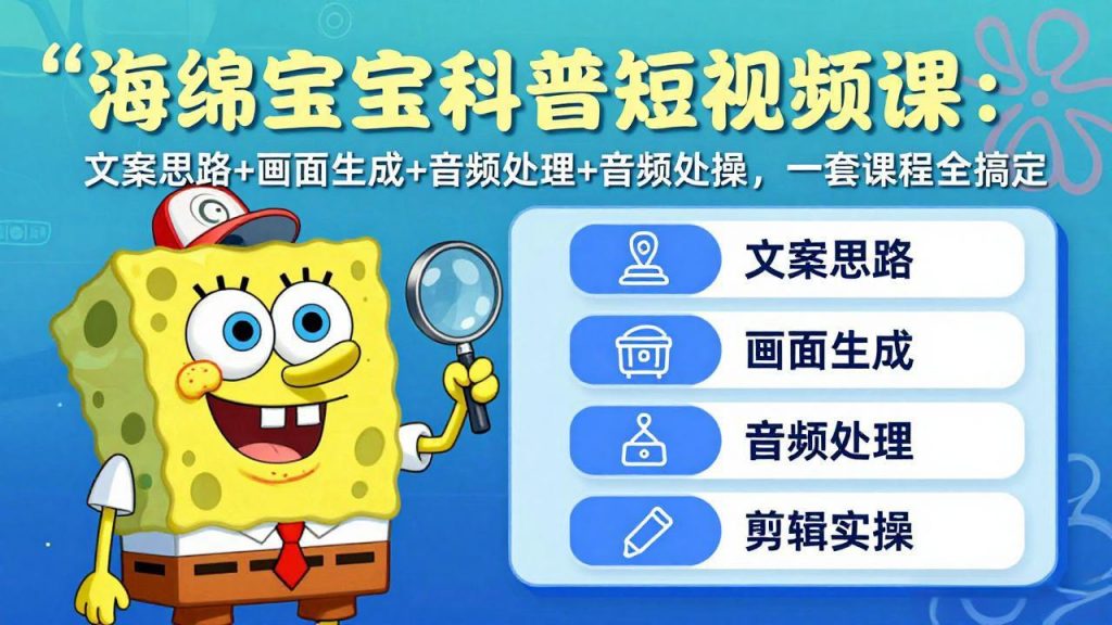 海绵宝宝科普短视频课：文案思路+画面生成+音频处理+剪辑实操，一套课程全搞定-孔明聊项目