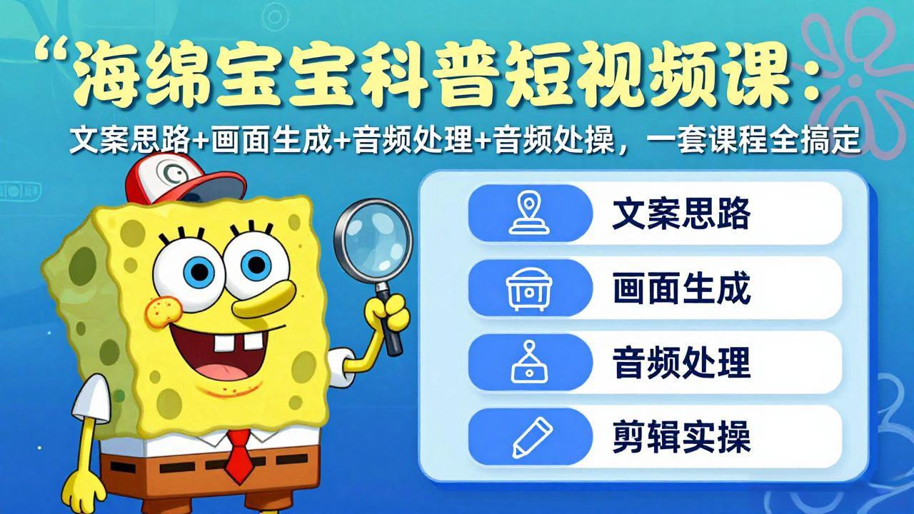 海绵宝宝科普短视频课：文案思路+画面生成+音频处理+剪辑实操，一套课程全搞定-孔明聊项目