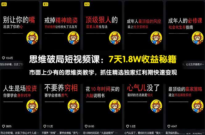 思维破局短视频课：7天1.8W收益秘籍：市面上少有的思维类教学，抓住精选独家红利期快速变现-孔明聊项目
