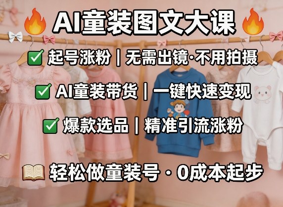 AI童装图文剪辑，某社群童装图文大课，起号涨粉、AI童装带货、爆款选品，无需出镜和拍摄-孔明聊项目