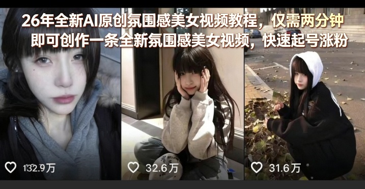 26年全新AI原创氛围感美女视频教程，仅需两分钟即可创作一条全新氛围感美女视频，快速起号涨粉-孔明聊项目