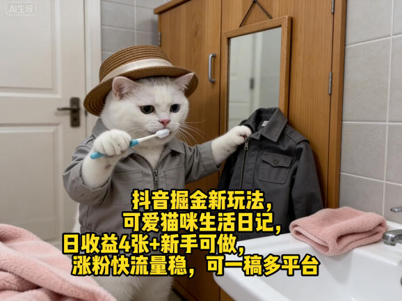 抖音掘金新玩法，可爱猫咪生活日记，日收益4张+新手可做，涨粉快流量稳，可一稿多平台-孔明聊项目