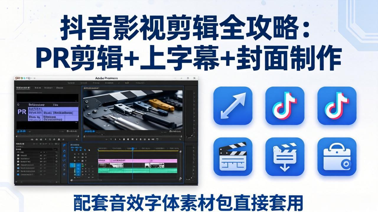 抖音影视剪辑全攻略：PR剪辑+上字幕+封面制作，配套音效字体素材包直接套用-孔明聊项目