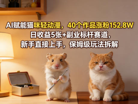 AI赋能猫咪轻动漫，40个作品涨粉152.8W，日收益5张+副业标杆赛道，新手直接上手，保姆级玩法拆解-孔明聊项目
