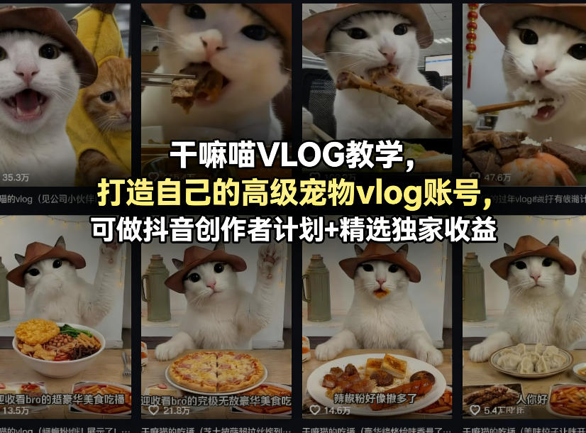 干嘛喵VLOG教学，打造自己的高级宠物vlog账号，可做抖音创作者计划+精选独家收益-孔明聊项目