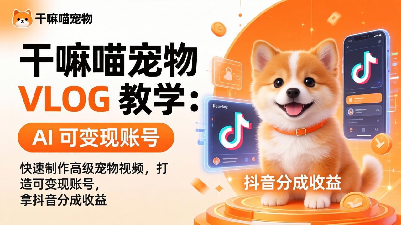 干嘛喵宠物 VLOG 教学：AI 快速制作高级宠物视频，打造可变现账号，拿抖音分成收益-孔明聊项目